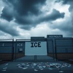 Flick International Exterior view of an ICE facility under overcast skies with imposing security features