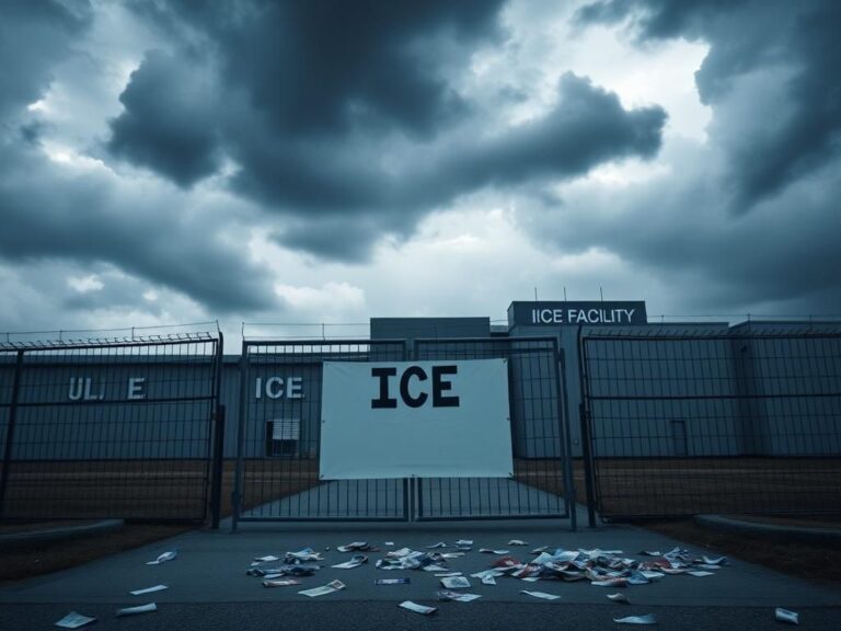 Flick International Exterior view of an ICE facility under overcast skies with imposing security features