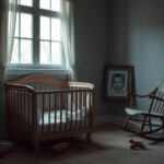 Flick International Empty vintage wooden crib in a softly lit room symbolizing familial loss