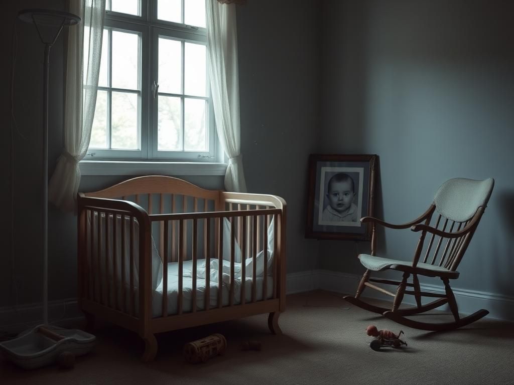Flick International Empty vintage wooden crib in a softly lit room symbolizing familial loss