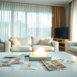 Flick International A bright living room scene with children's drawings on a coffee table and a digital device glowing in the background.