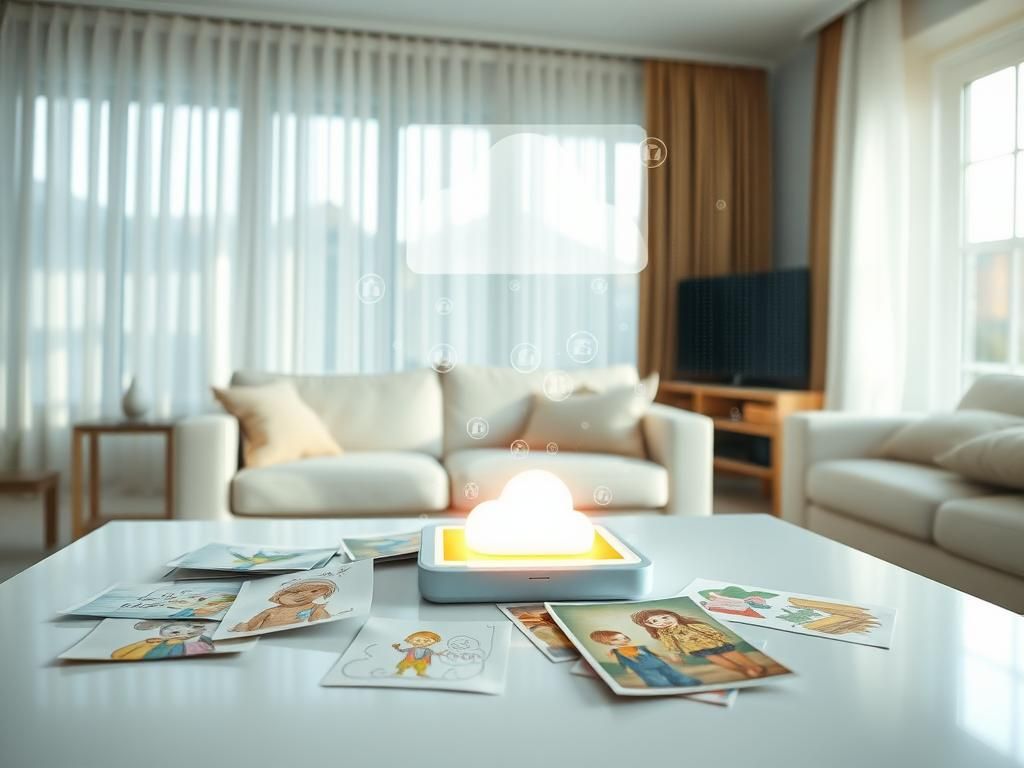 Flick International A bright living room scene with children's drawings on a coffee table and a digital device glowing in the background.