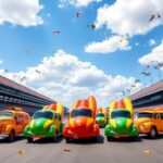 Flick International A vibrant lineup of six distinct Wienermobiles representing regional hot dogs at the Indianapolis Motor Speedway