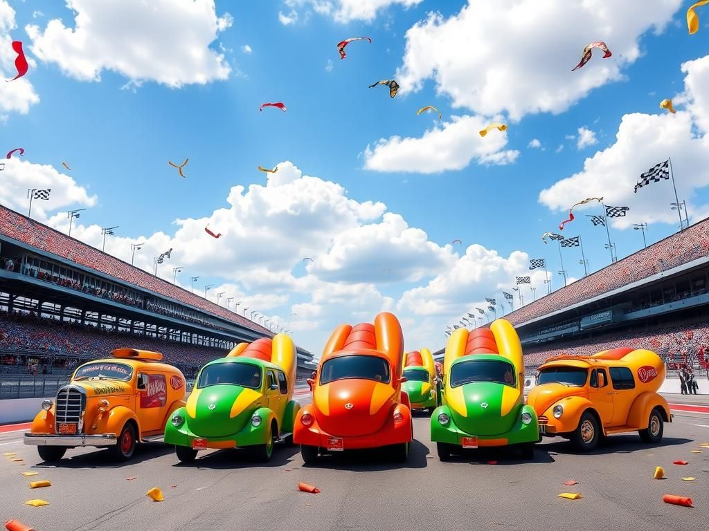 Flick International A vibrant lineup of six distinct Wienermobiles representing regional hot dogs at the Indianapolis Motor Speedway