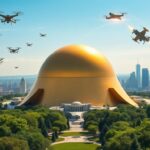 Flick International A futuristic landscape showcasing the Golden Dome missile defense system in an American city skyline.