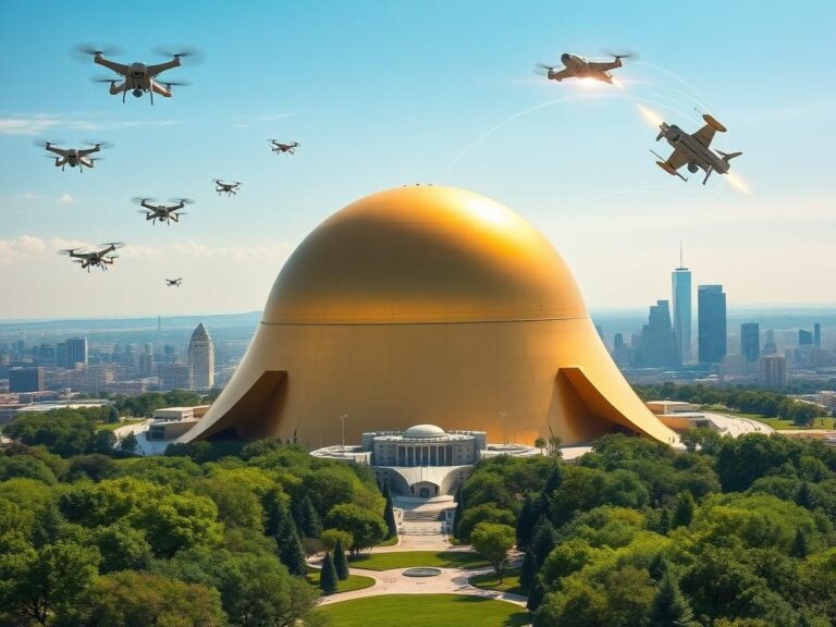 Flick International A futuristic landscape showcasing the Golden Dome missile defense system in an American city skyline.