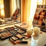 Flick International A close-up of an elegantly arranged makeup kit with a Vogue cover featuring Hailey Bieber reflected in a mirror