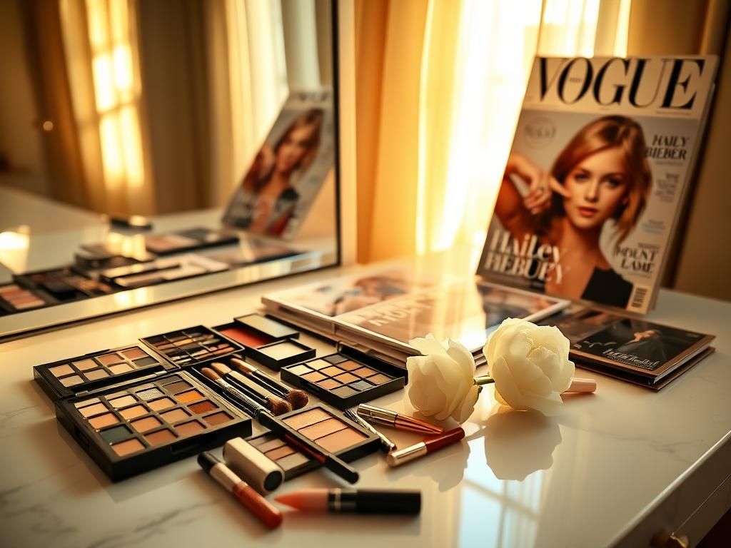 Flick International A close-up of an elegantly arranged makeup kit with a Vogue cover featuring Hailey Bieber reflected in a mirror