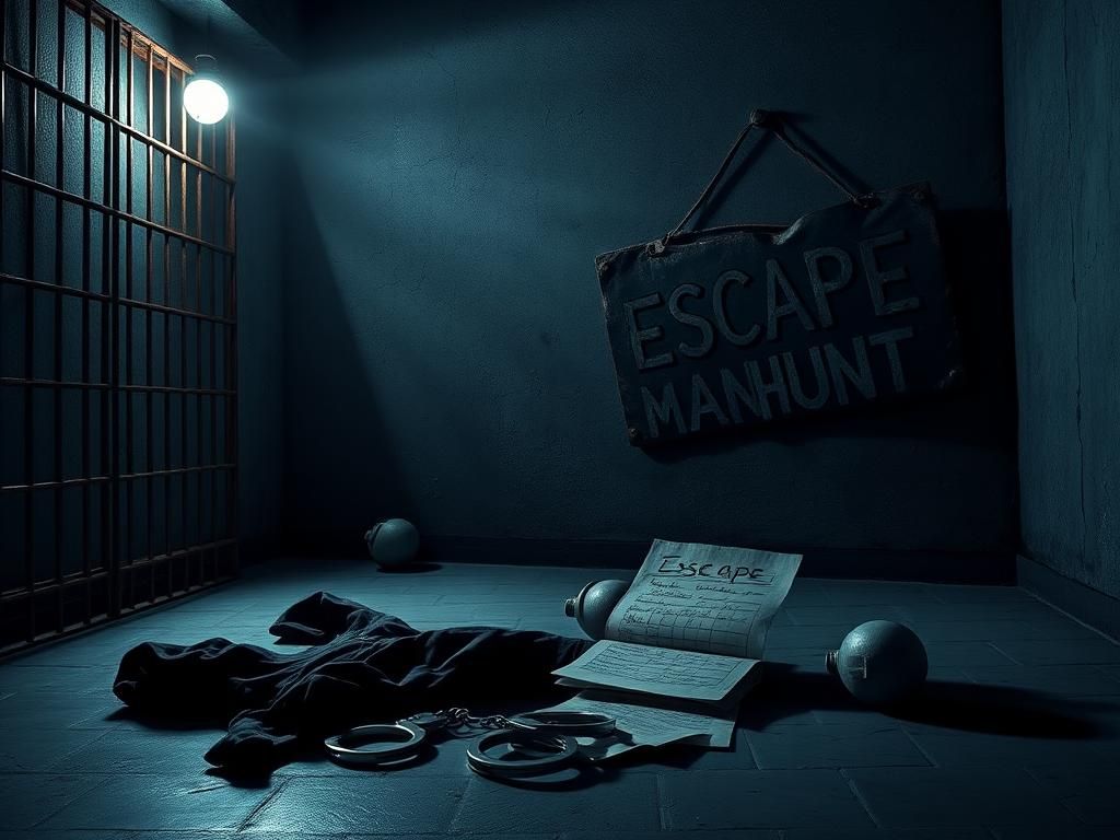 Flick International Dimly lit prison cell with rusted bars and scattered personal items