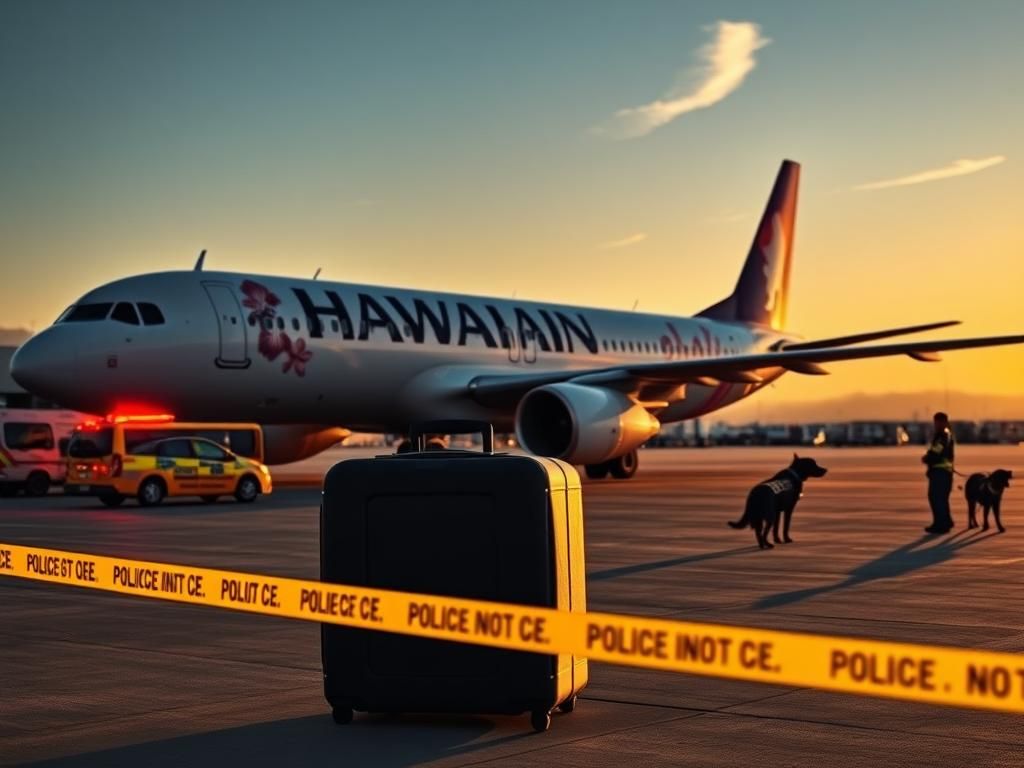 Flick International Close-up view of a Hawaiian Airlines aircraft on the San Diego International Airport tarmac with emergency vehicles nearby