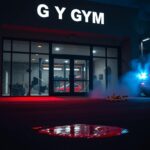 Flick International Exterior view of a modern gym with broken glass doors and bullet casings on the ground after a police shooting incident