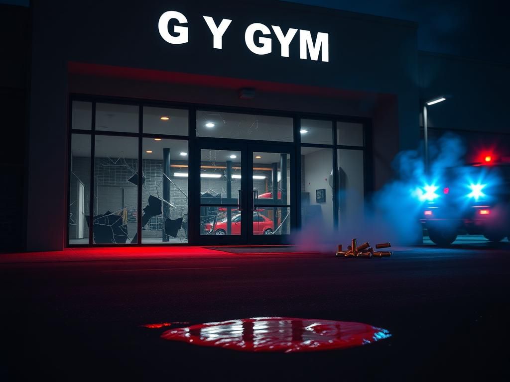 Flick International Exterior view of a modern gym with broken glass doors and bullet casings on the ground after a police shooting incident