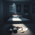 Flick International A dimly lit hotel room with a made bed and wrestling memorabilia symbolizing reflection