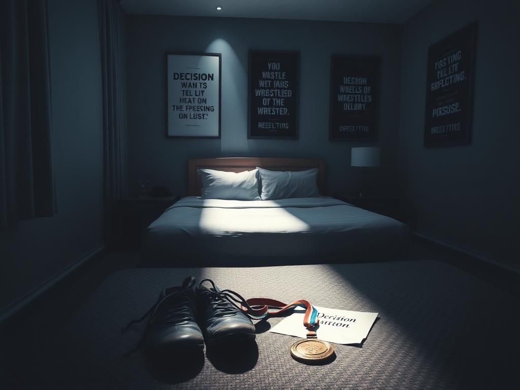Flick International A dimly lit hotel room with a made bed and wrestling memorabilia symbolizing reflection