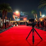 Flick International A dramatic night scene from the Cannes Film Festival red carpet, featuring elegant lighting and festival motifs.