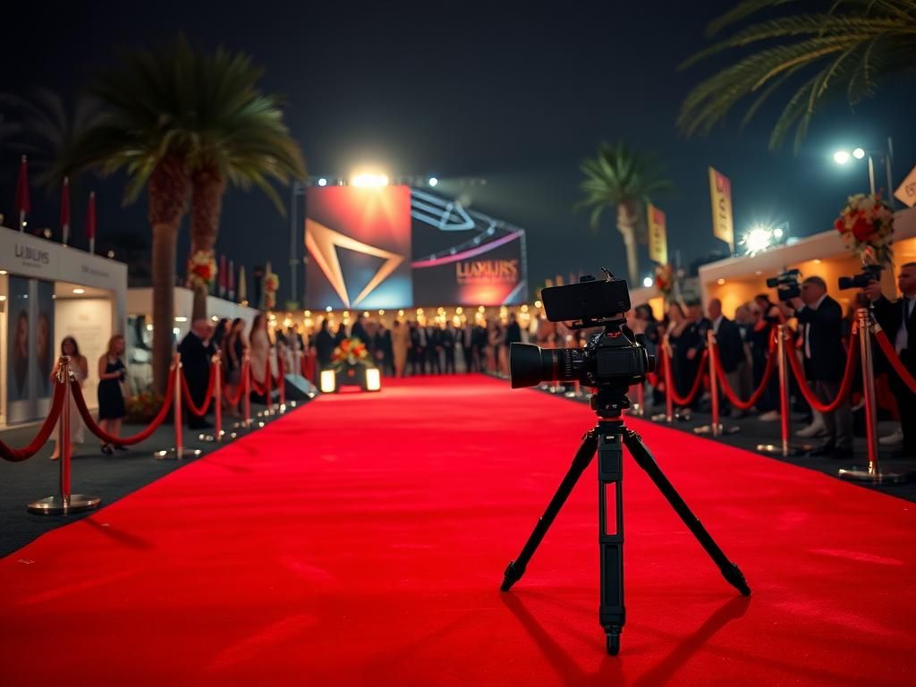 Flick International A dramatic night scene from the Cannes Film Festival red carpet, featuring elegant lighting and festival motifs.