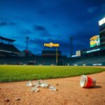 Flick International Baseball stadium right field at PNC Park with warning track and scattered debris
