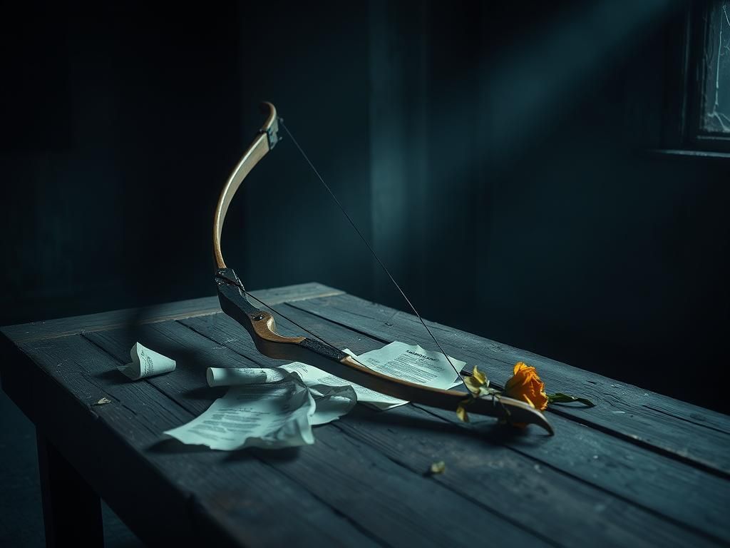 Flick International A broken archery bow on a weathered wooden table, symbolizing disappointment.