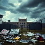 Flick International A dramatic view of a federal immigration detention facility surrounded by fences and protest banners.
