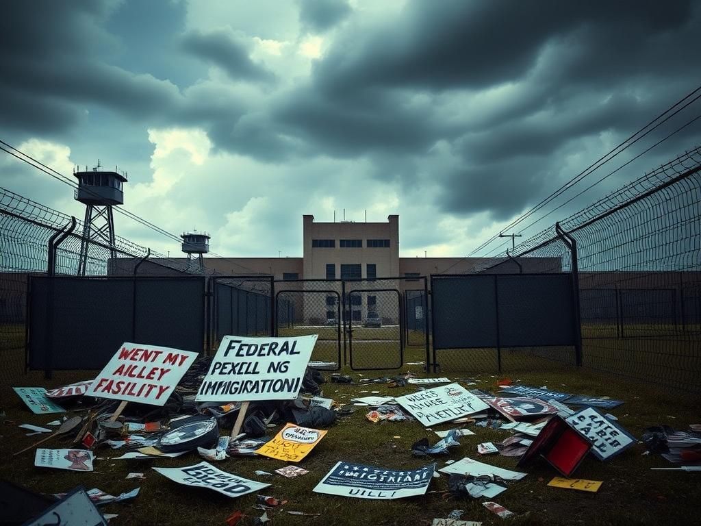 Flick International A dramatic view of a federal immigration detention facility surrounded by fences and protest banners.