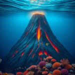 Flick International Dramatic underwater scene of the Axial Seamount volcano with glowing lava and vibrant marine life.