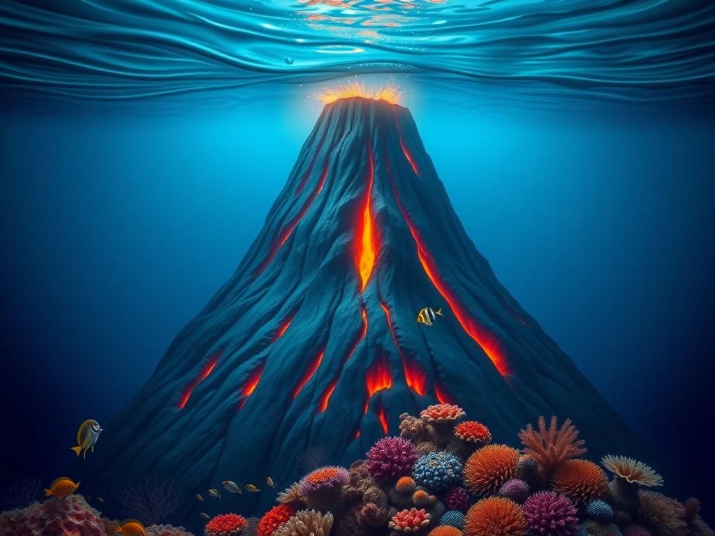 Flick International Dramatic underwater scene of the Axial Seamount volcano with glowing lava and vibrant marine life.
