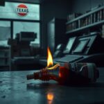 Flick International Dimly lit convenience store interior with spilled lighter fluid and flickering flames