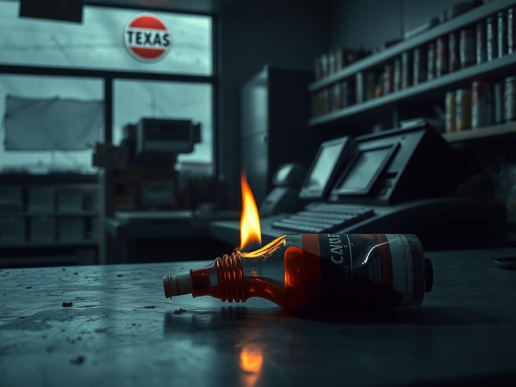 Flick International Dimly lit convenience store interior with spilled lighter fluid and flickering flames