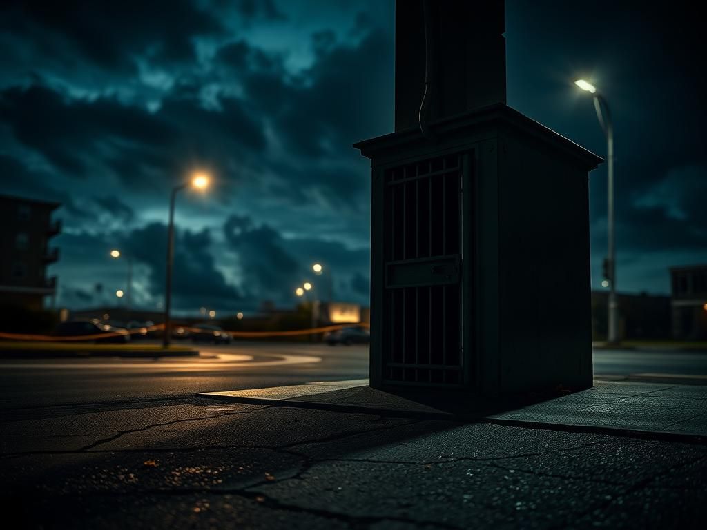 Flick International Dimly lit urban street corner symbolizing escape with an ajar jail cell door
