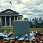 Flick International Weathered Philadelphia courthouse with empty ballot box and crumpled candidate flyers