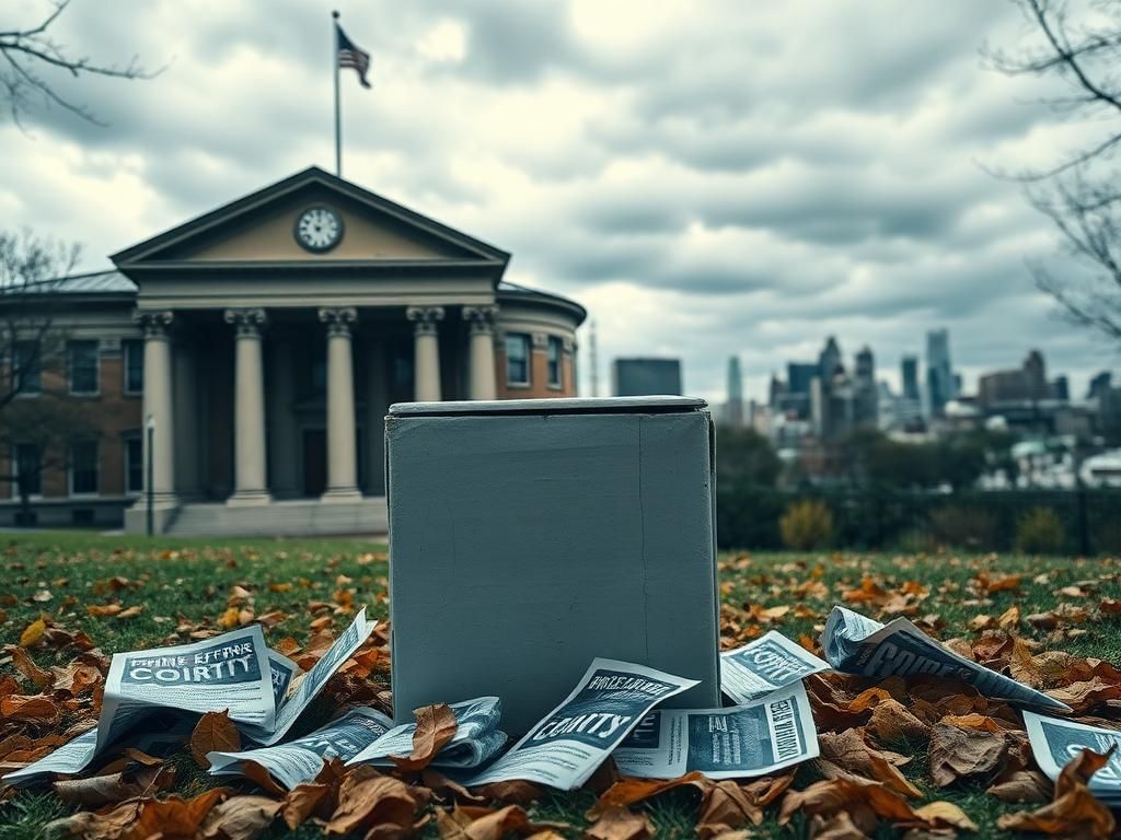 Flick International Weathered Philadelphia courthouse with empty ballot box and crumpled candidate flyers