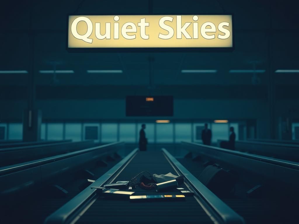 Flick International Empty airport terminal with a large illuminated 'Quiet Skies' sign and surveillance cameras
