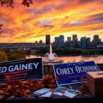 Flick International Dramatic skyline view of Pittsburgh at sunset with political campaign materials for Ed Gainey and Corey O'Connor