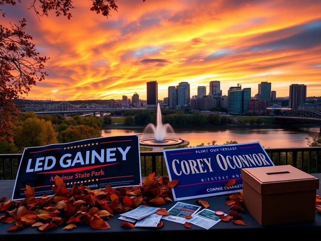 Flick International Dramatic skyline view of Pittsburgh at sunset with political campaign materials for Ed Gainey and Corey O'Connor