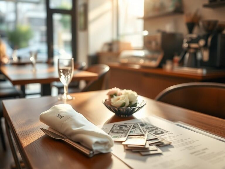 Flick International Close-up of a beautifully arranged café table with cash tips and fresh flowers