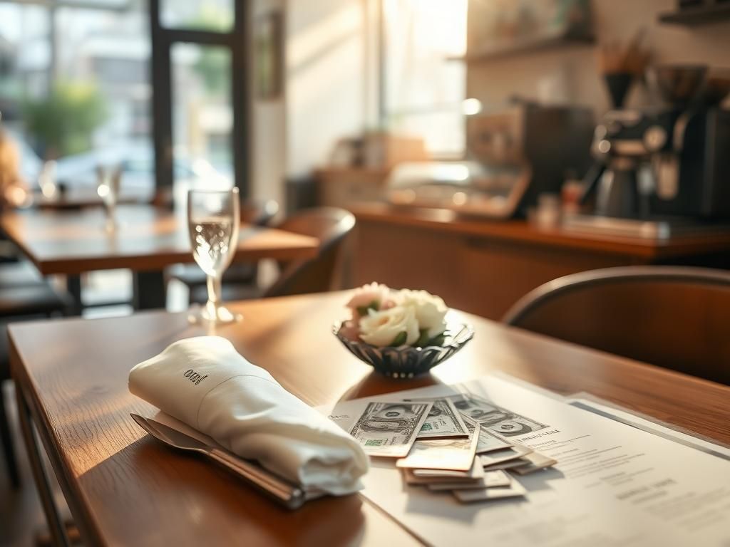 Flick International Close-up of a beautifully arranged café table with cash tips and fresh flowers