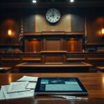 Flick International Dimly lit courtroom interior with witness stand and scattered vehicle data documents