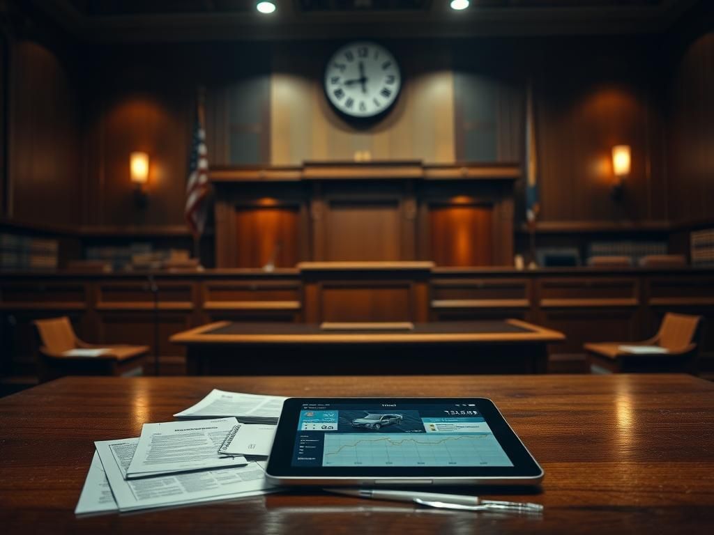 Flick International Dimly lit courtroom interior with witness stand and scattered vehicle data documents