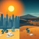 Flick International Conceptual landscape illustrating urban and rural tax perspectives with city skyline and rolling hills.