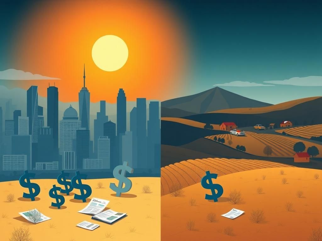 Flick International Conceptual landscape illustrating urban and rural tax perspectives with city skyline and rolling hills.