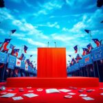Flick International Empty podium set against a backdrop of vibrant Democratic campaign banners and flags