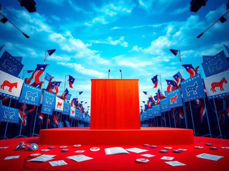 Flick International Empty podium set against a backdrop of vibrant Democratic campaign banners and flags