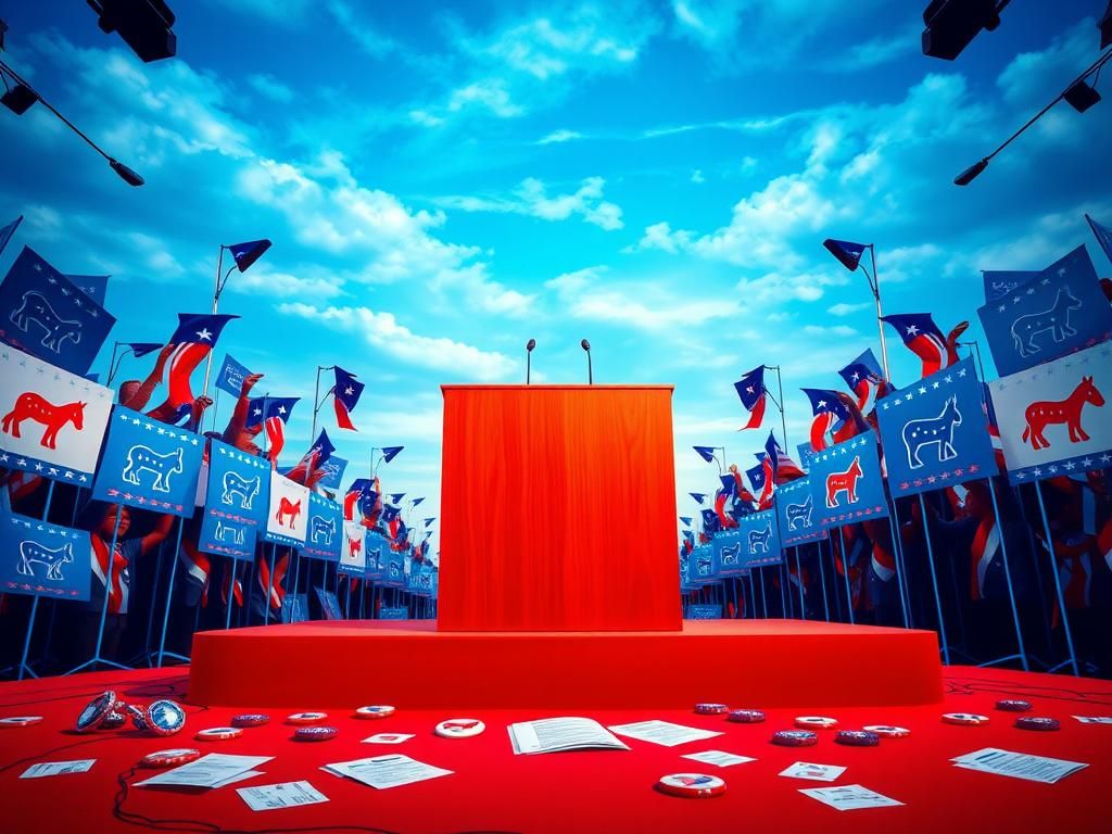Flick International Empty podium set against a backdrop of vibrant Democratic campaign banners and flags
