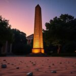 Flick International Ancient Egyptian obelisk adorned with hieroglyphs set against a twilight sky