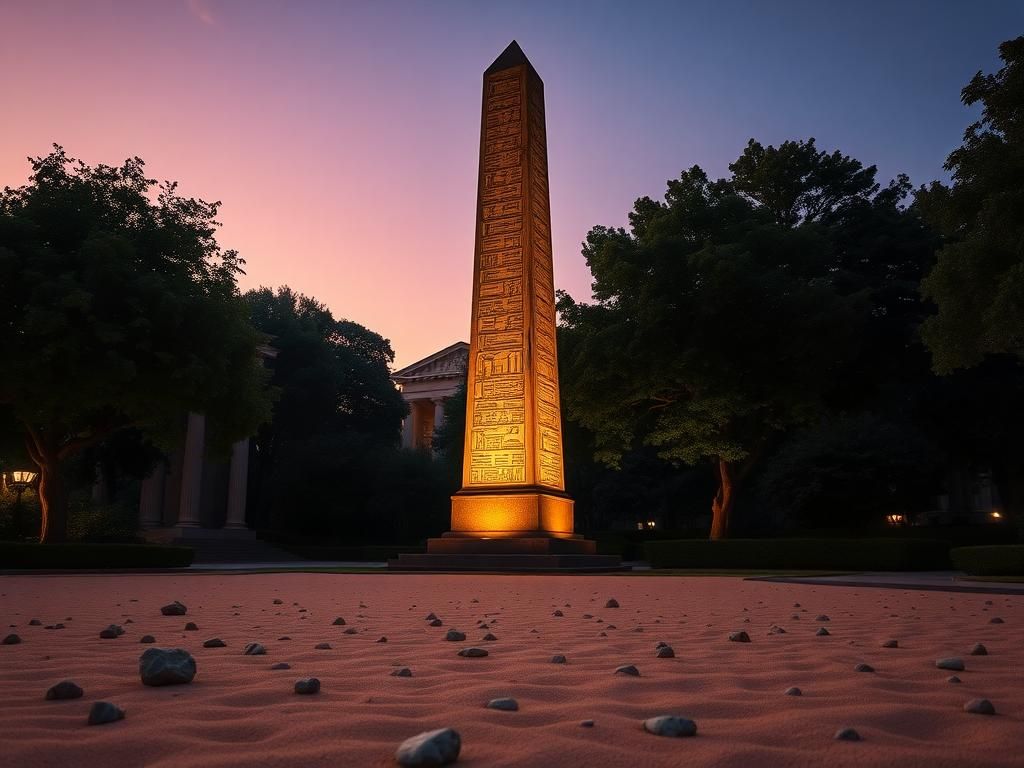 Flick International Ancient Egyptian obelisk adorned with hieroglyphs set against a twilight sky