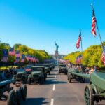 Flick International Grand military parade celebrating the Army's 250th birthday with historical vehicles and American flags.