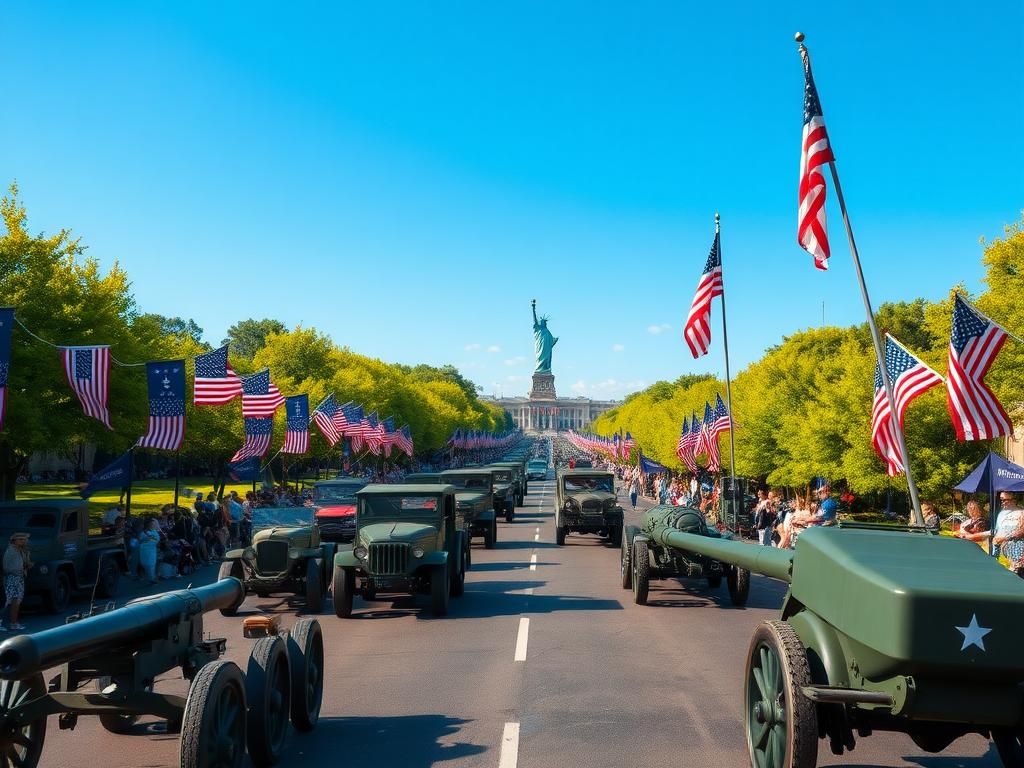 Flick International Grand military parade celebrating the Army's 250th birthday with historical vehicles and American flags.
