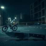 Flick International Dimly lit urban parking lot at night with an ominous knife and police evidence markers