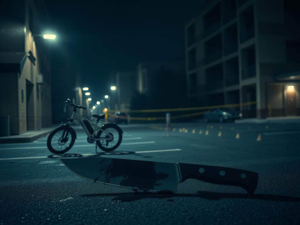 Flick International Dimly lit urban parking lot at night with an ominous knife and police evidence markers