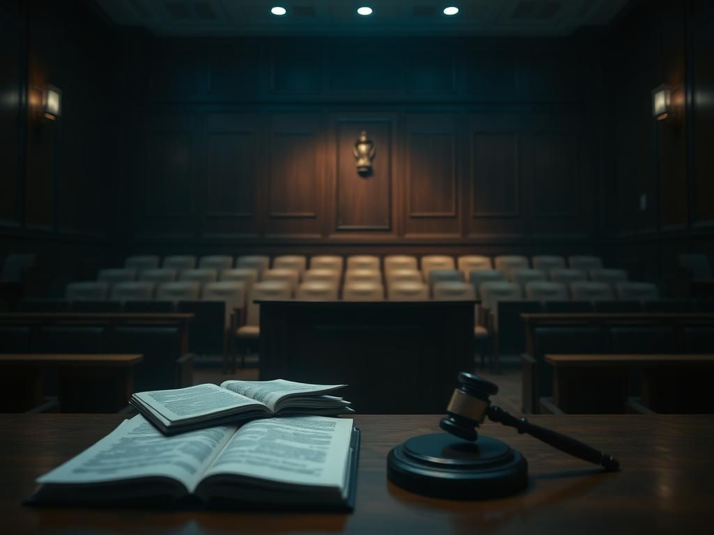 Flick International A dimly lit courtroom interior highlighting an empty witness stand with legal documents